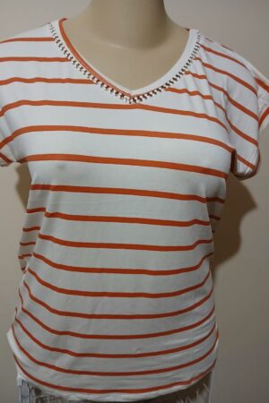 BLUSA LISTRADA DECOTE COM RENDA